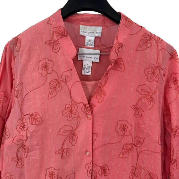 Susan Graver XL Pink Floral Embroidered Metallic Button Tunic Shirt & Tank - Picture 2 of 6